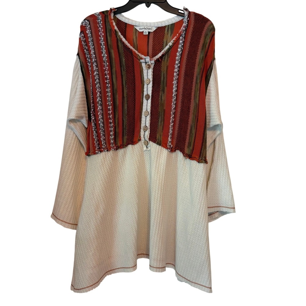 Davi & Dani Tunic Top Womens L Long Sleeve‎ Button Front Striped Knit Blouse